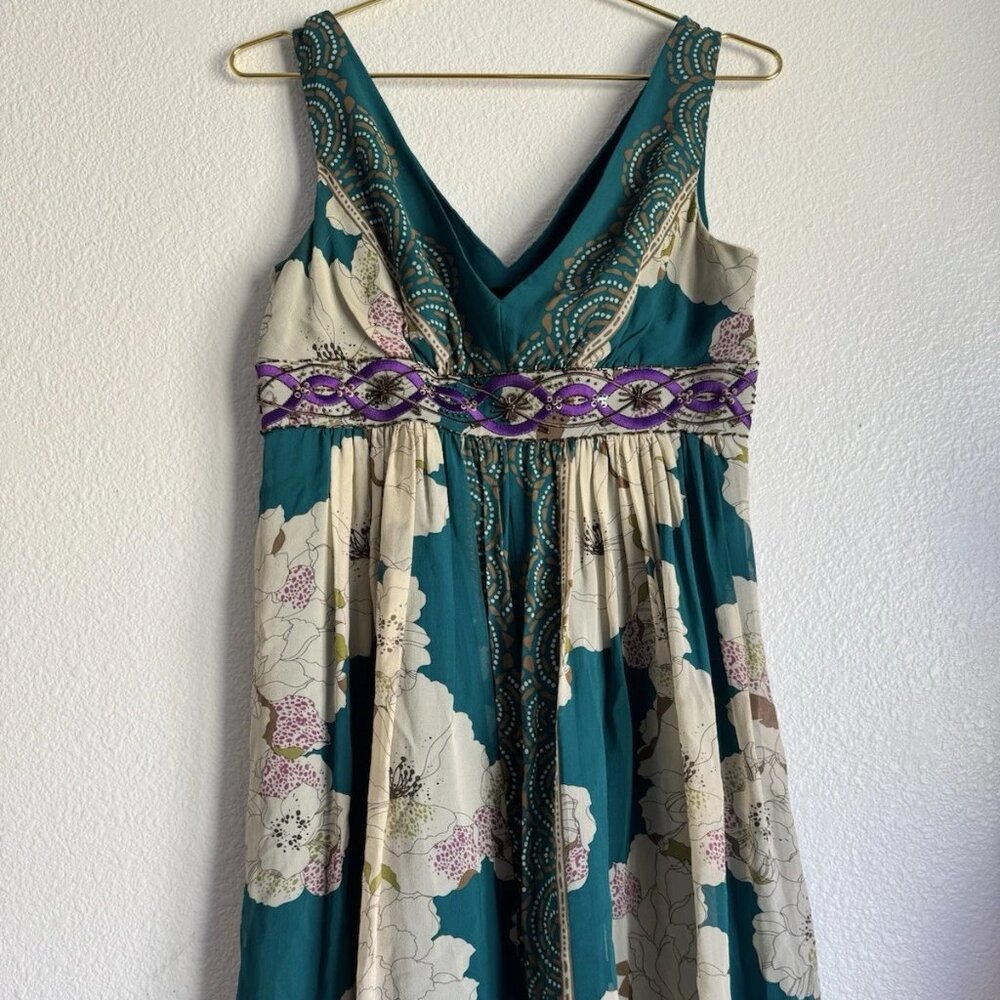 ADRIANNA PAPELL Embroidered 100% Silk Floral Mini Dress